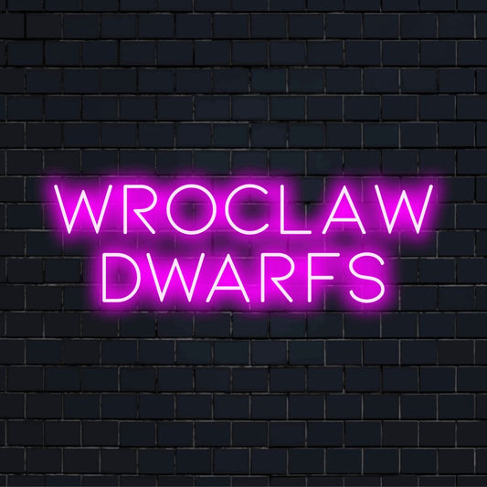 Wroclaw Dwarfs Neon Sign, bright neon glow against brick backdrop
