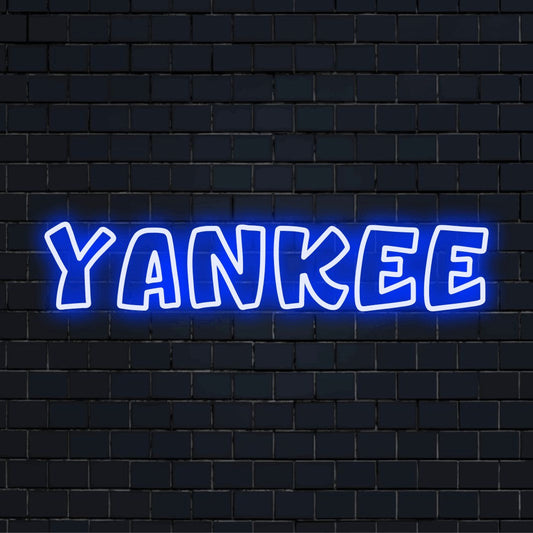Yankee Neon Light with bright LED glow on dark brick background