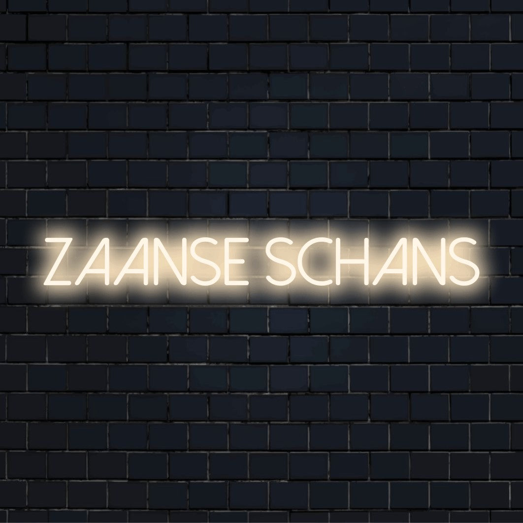 Zaanse Schans Neon Sign, neon text light on dark brick background