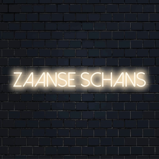 Zaanse Schans Neon Sign, neon text light on dark brick background